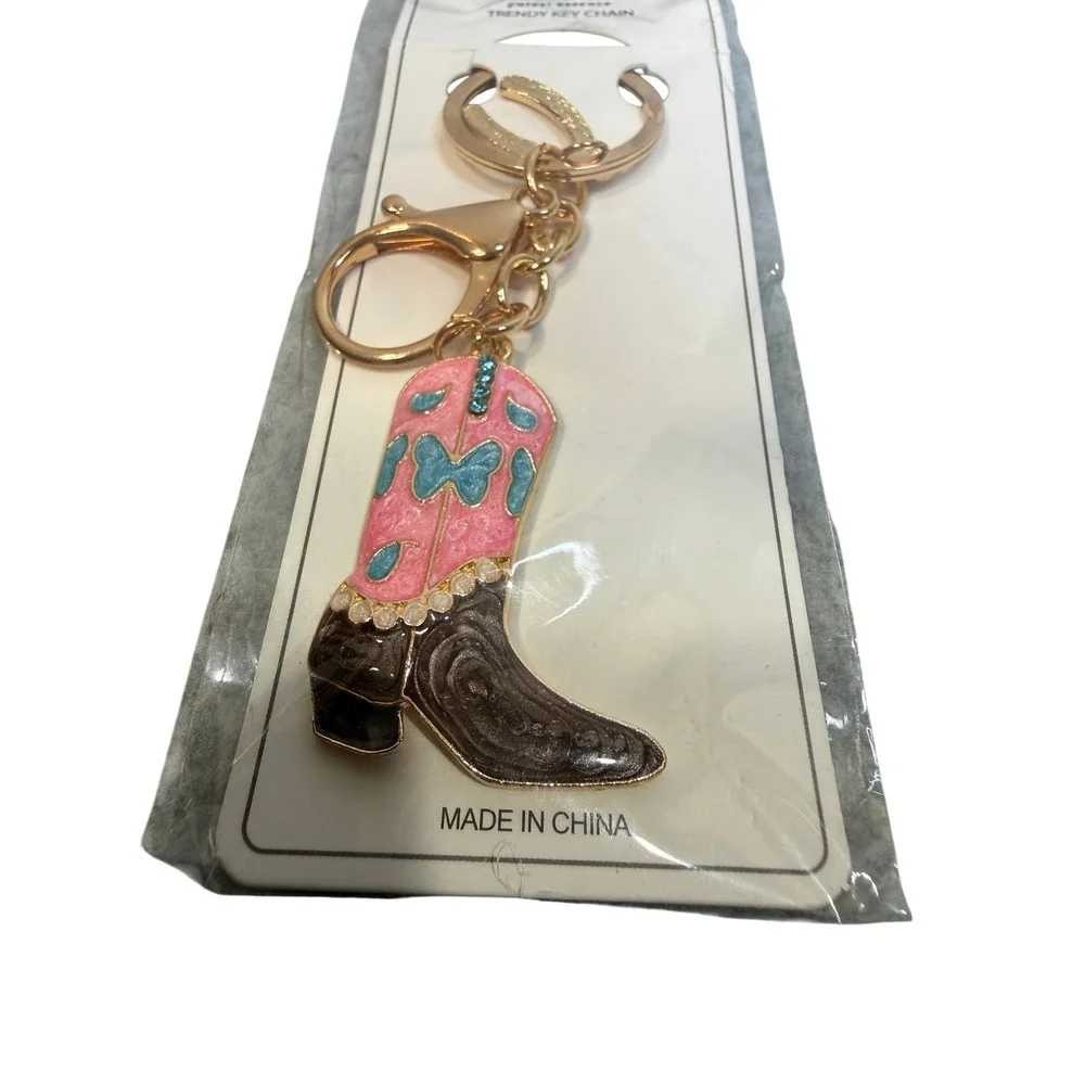 Nicole Cowboy Boot Key Chain Pink NEW Butterfly Rhinestone Western Cowgirlcore